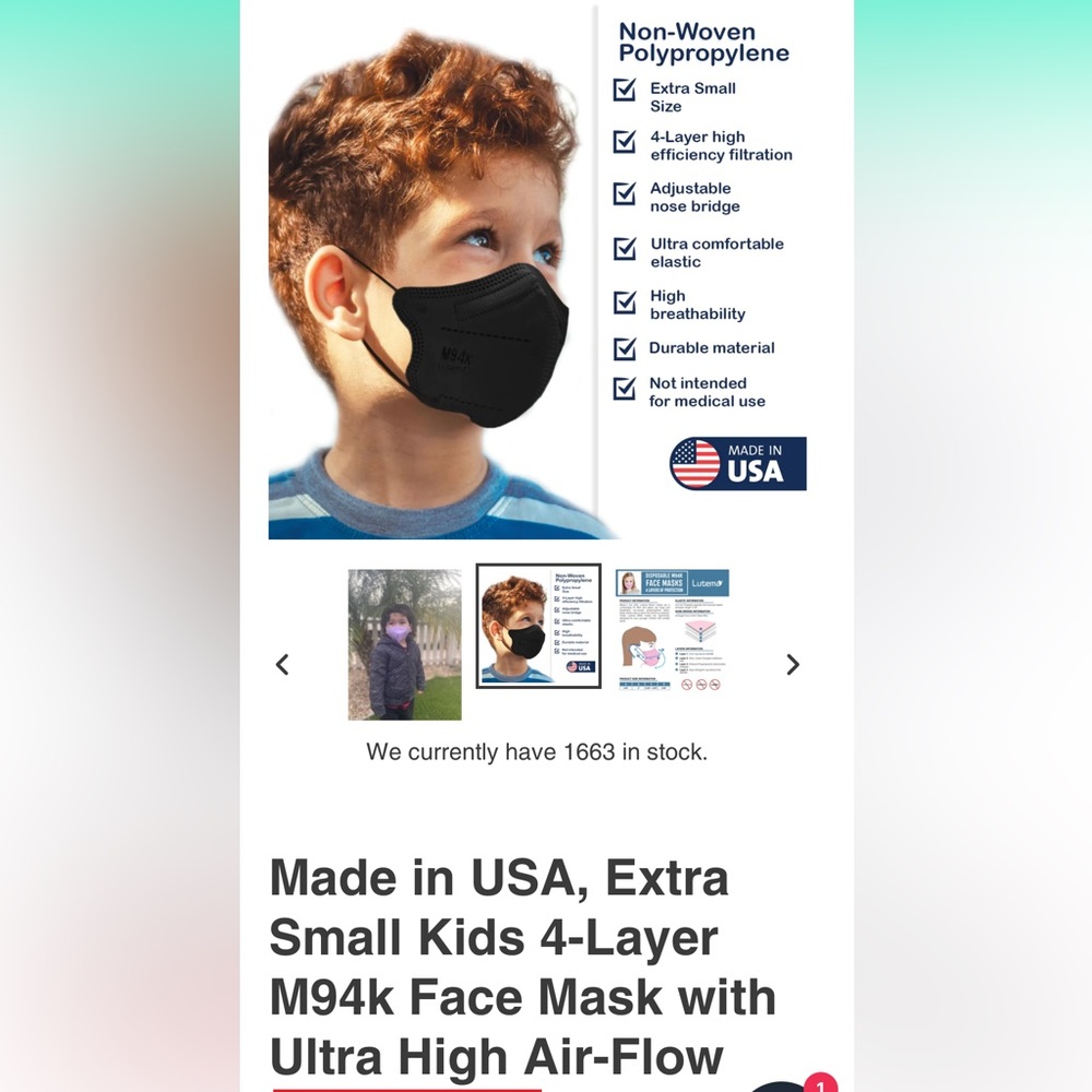 Made in USA, Extra Small Kids 4-Layer M94k Face Mask with Ultra High Air-Flow